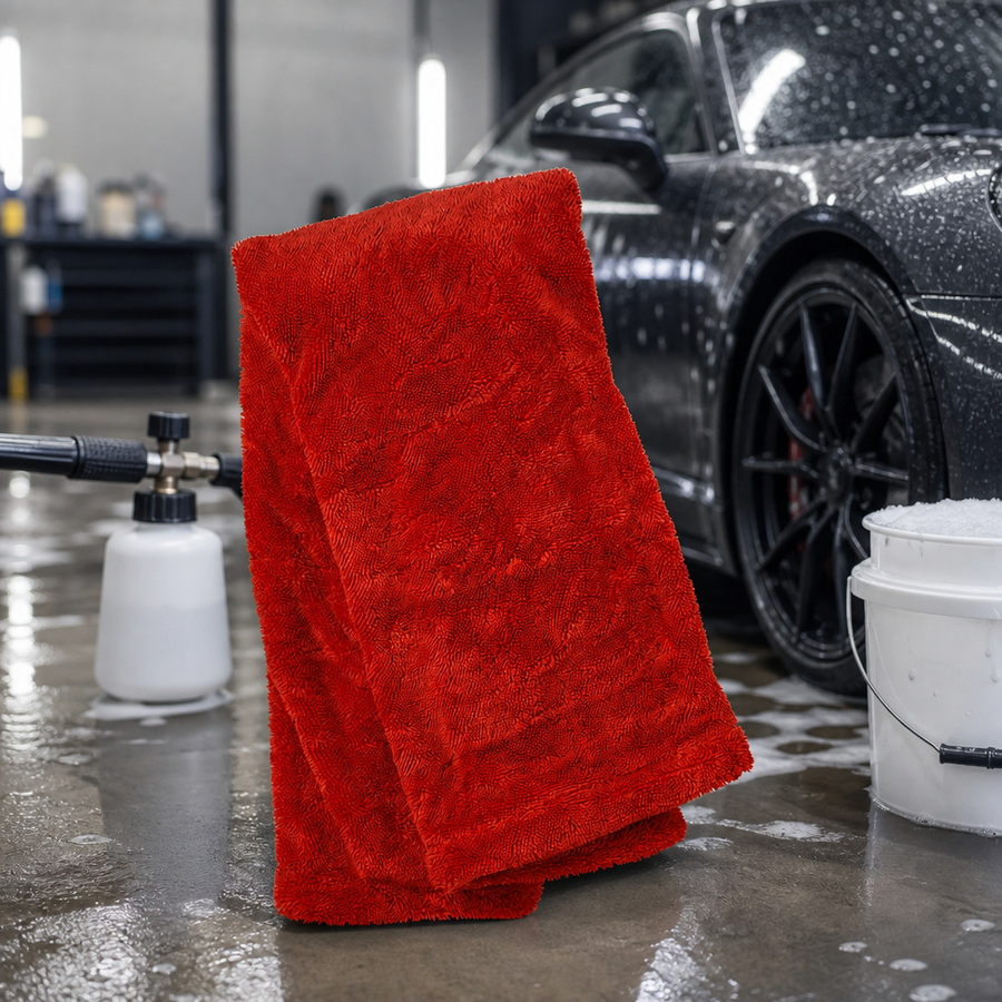 AMSOIL Drying Towel staged in an automotive workshop