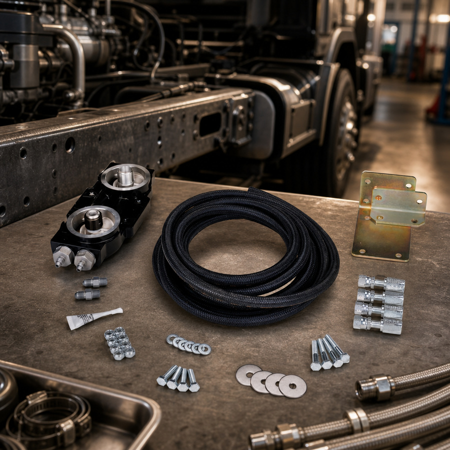 AMSOIL DUAL-GARD Bypass System staged in a truck maintenance garage