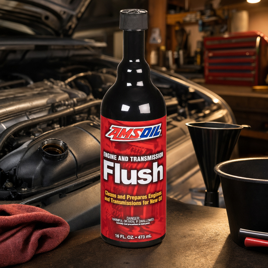 AMSOIL Engine and Transmission Flush staged in a transmission service bay