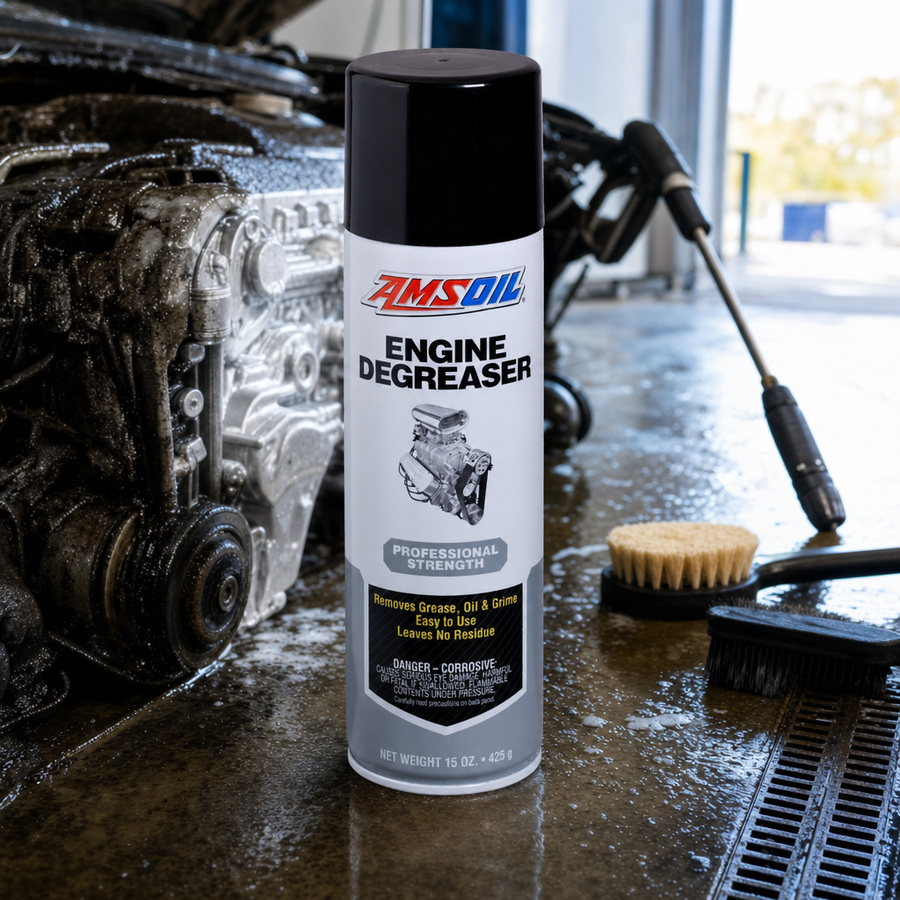 AMSOIL Engine Degreaser staged in an equipment maintenance shop