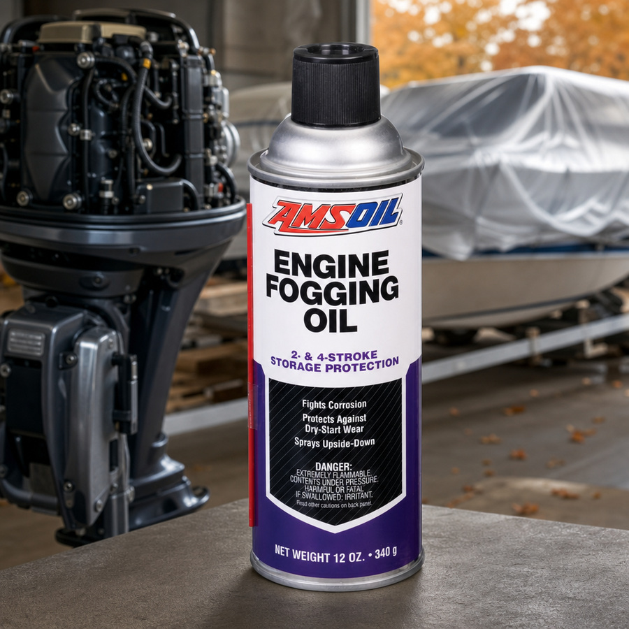 AMSOIL Engine Fogging Oil staged in an automotive workshop
