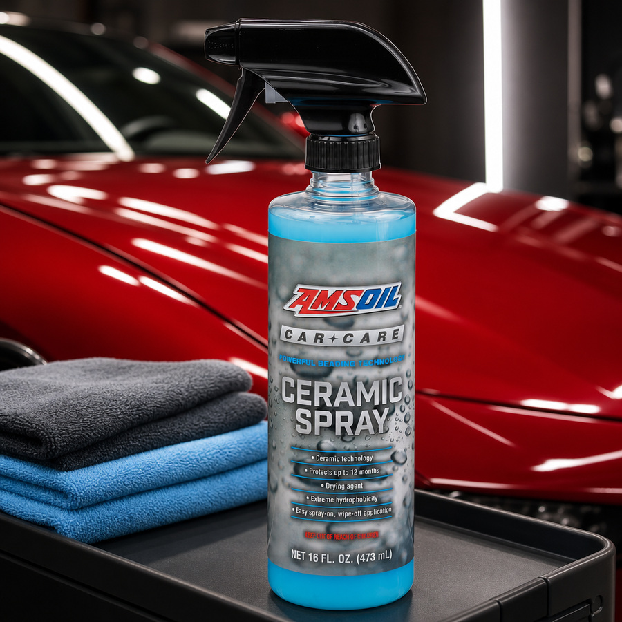 AMSOIL Exterior Ceramic Spray staged in a mechanic workbench