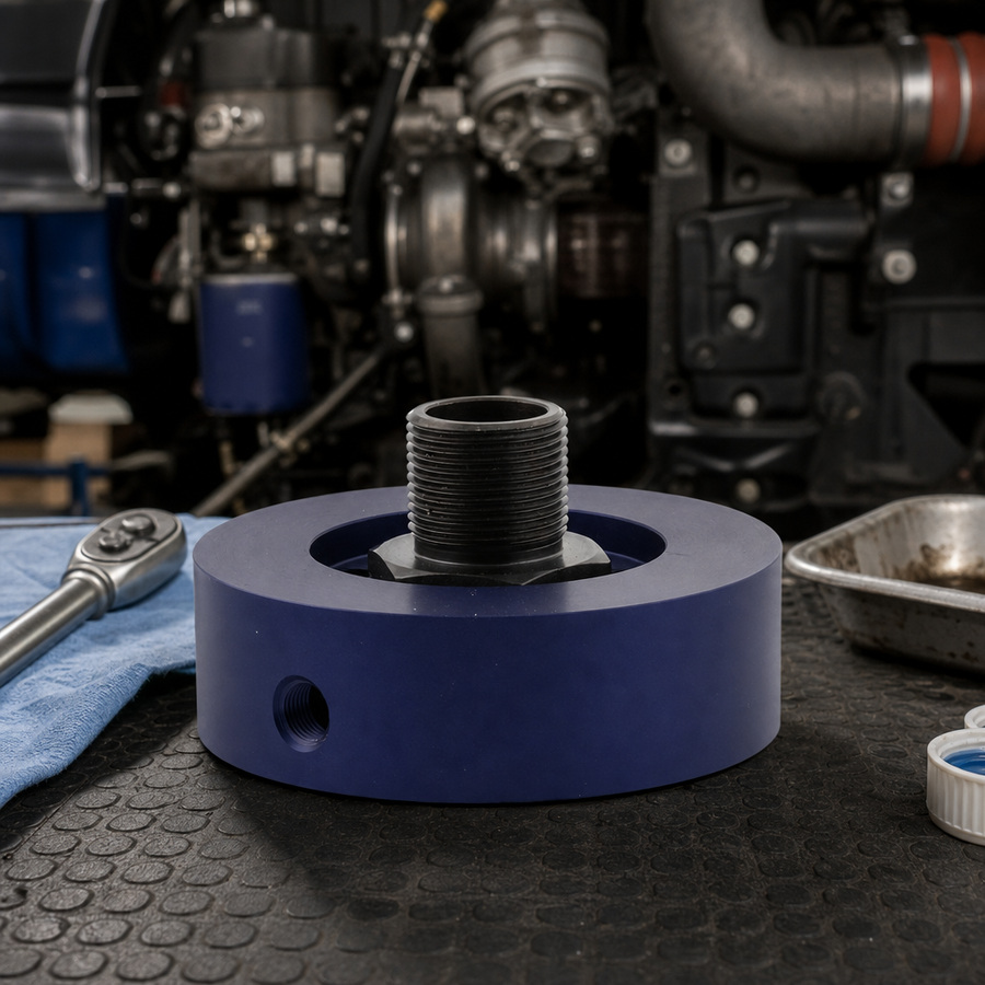 Filter Adapter Ford/Cummins staged in an automotive parts workbench