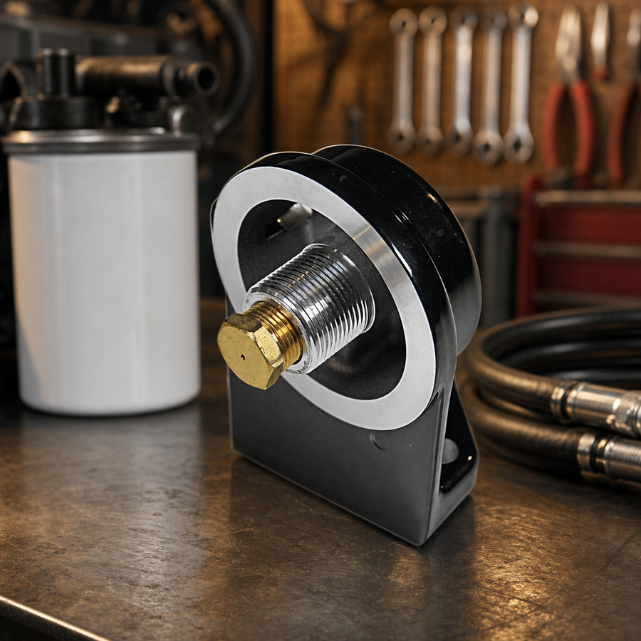 Filter Mount Assembly staged in an automotive parts workbench