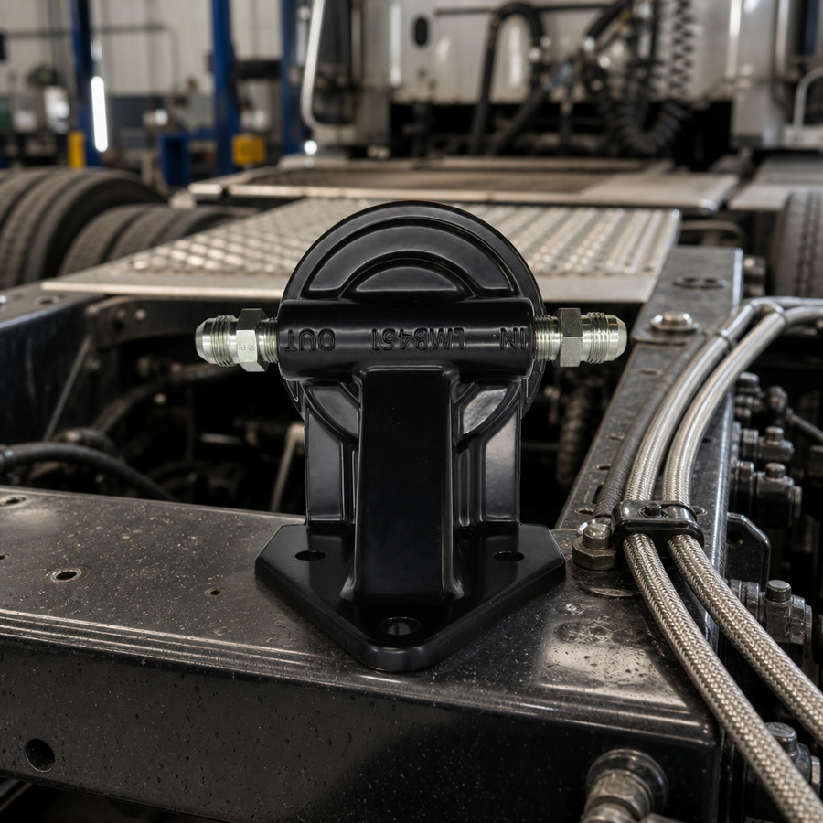 Filter Mount Assembly staged in an automotive parts workbench, product code P-FILTER-MOUNT-ASSEMBLY-BK305