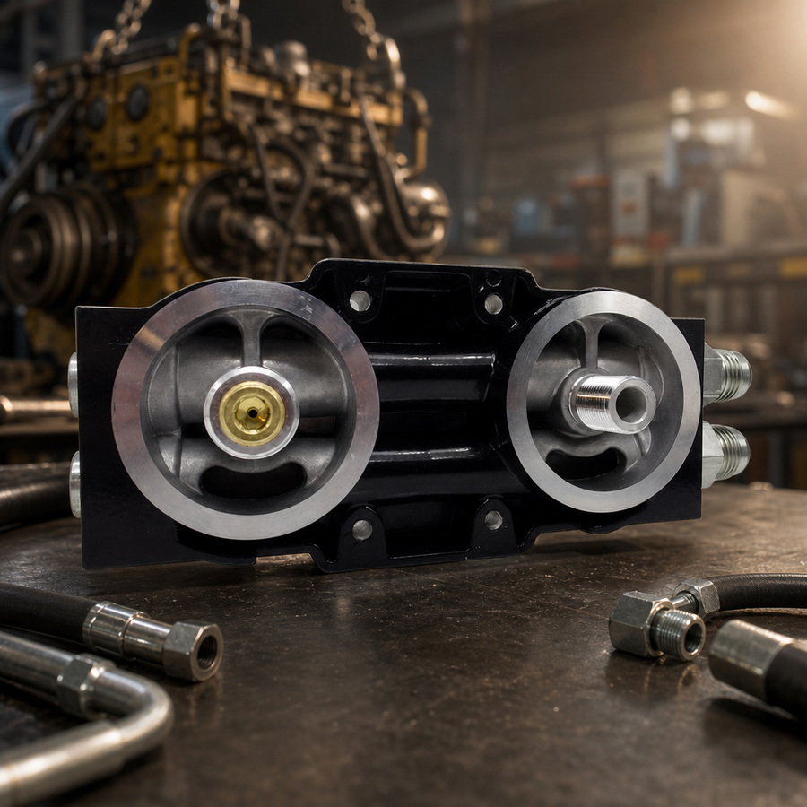 Filter Mount Assembly staged in an automotive parts workbench, product code P-FILTER-MOUNT-ASSEMBLY-BK309