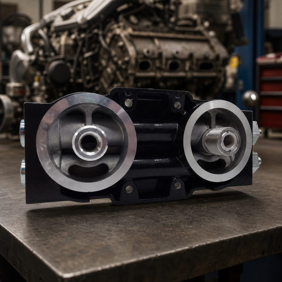 Filter Mount Assembly staged in an automotive parts workbench, product code P-FILTER-MOUNT-ASSEMBLY-BK393