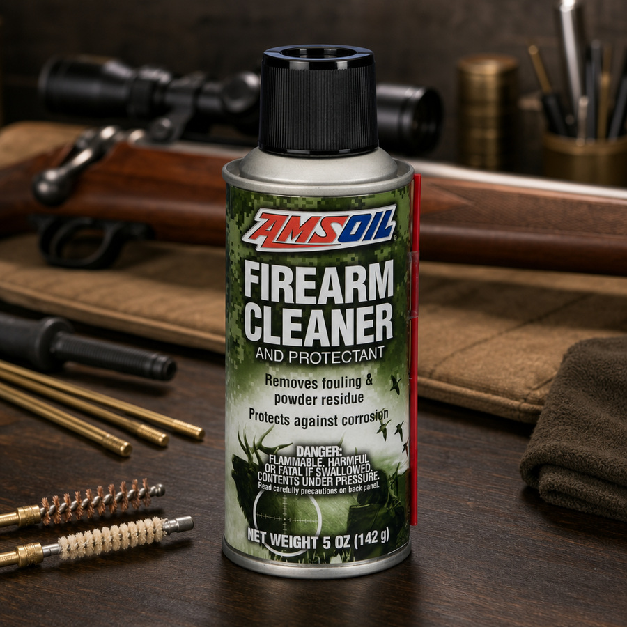 AMSOIL Firearm Cleaner and Protectant staged in a gun cleaning bench