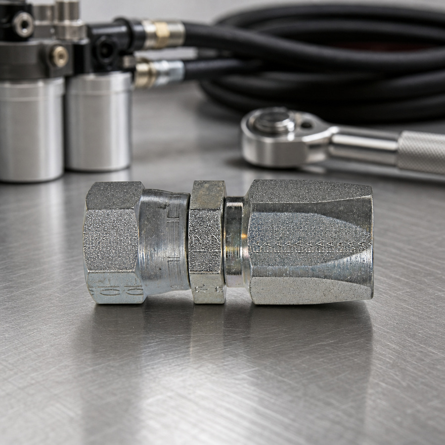 Fitting, 1/2 Hose, 7/8-14JIC staged in a fluid service parts bench