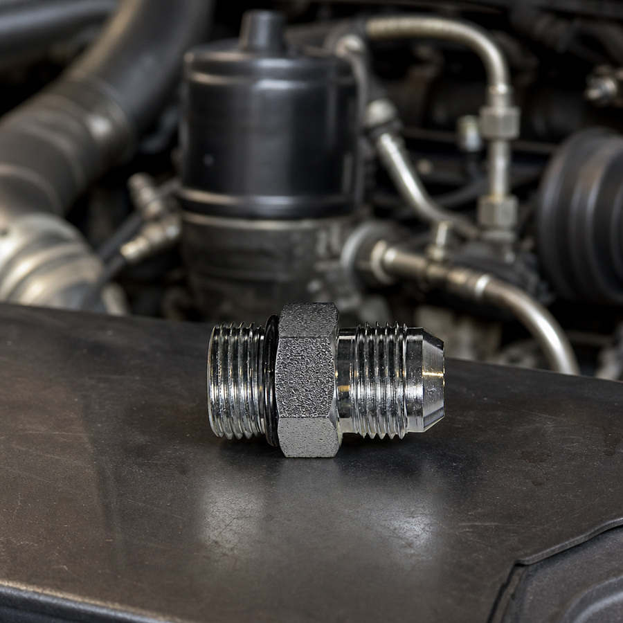 Fitting, 7/8-14, 5/8 JIC staged in a fluid service parts bench