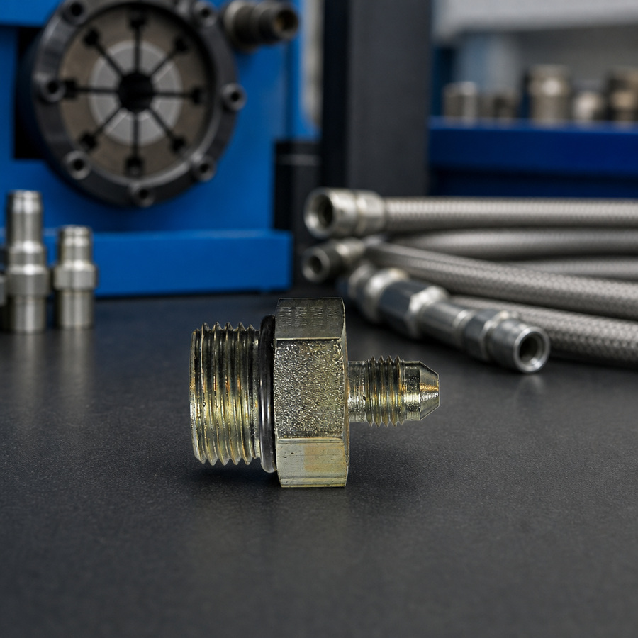 Fitting, 7/8-14 to 7/16-20JIC staged in a fluid service parts bench