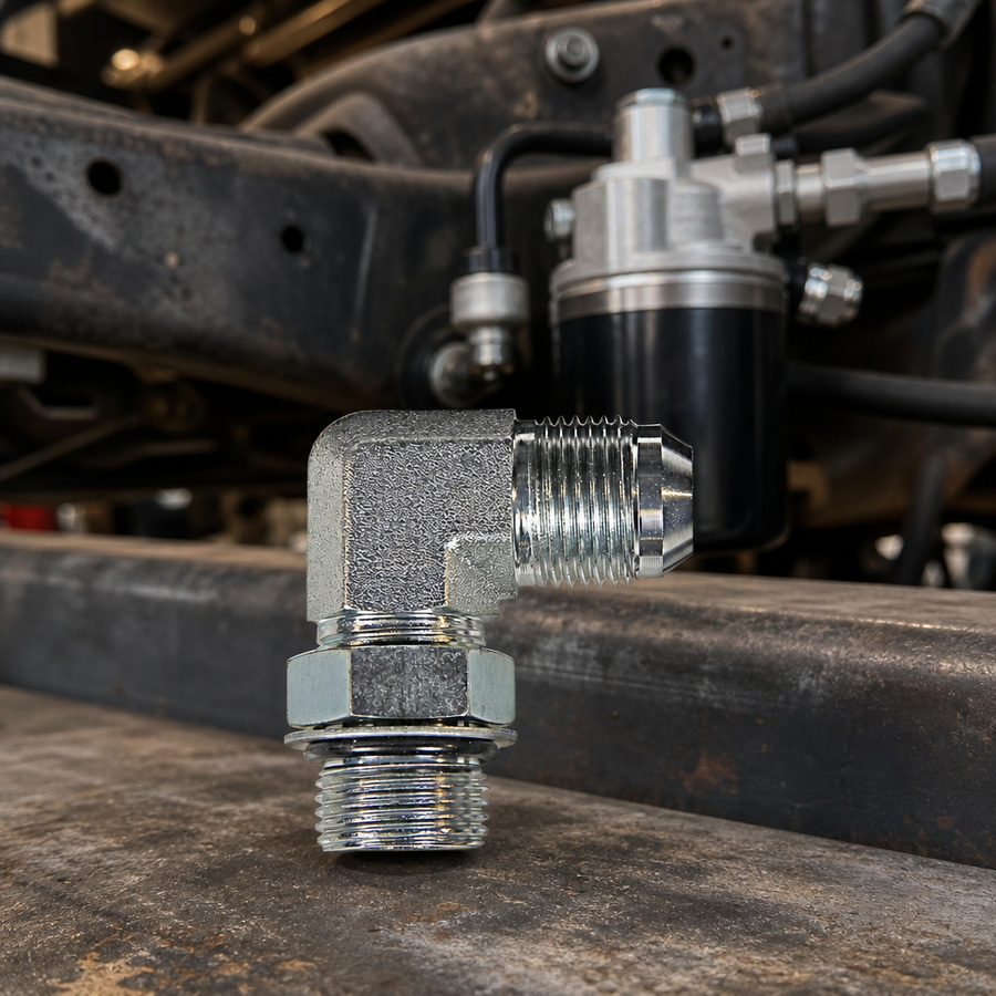 Fitting, Elbow, 7/8-14, 5/8JIC staged in a fluid service parts bench