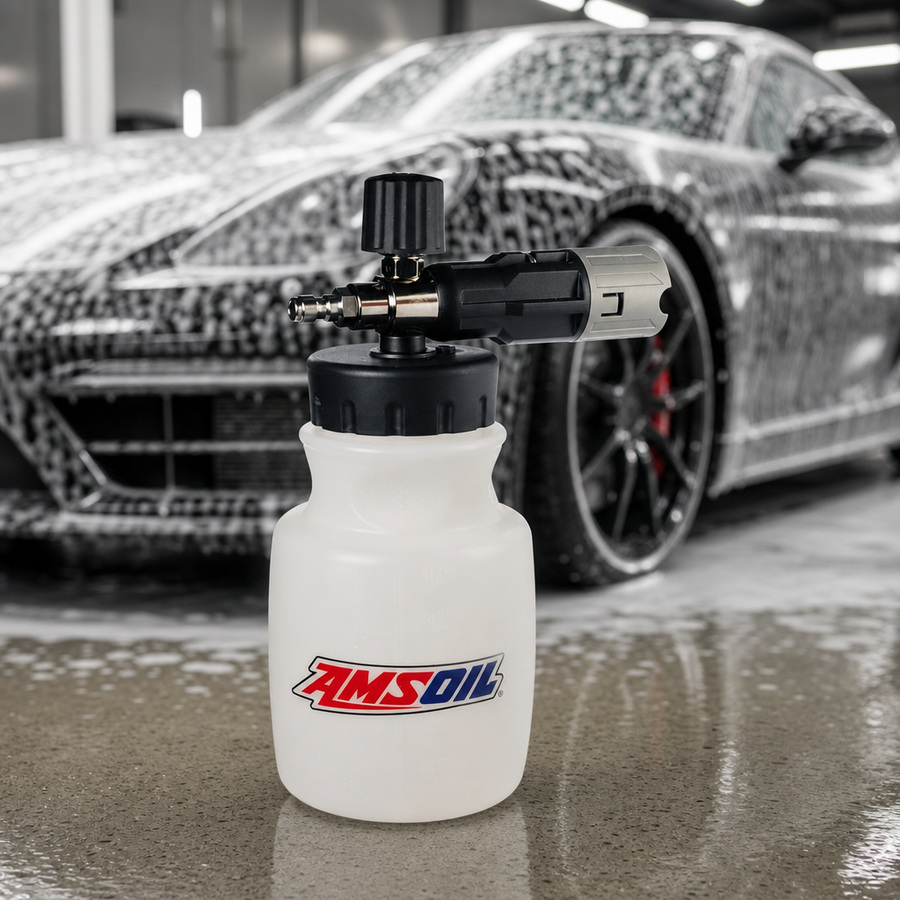 AMSOIL Foam Cannon staged in an automotive workshop