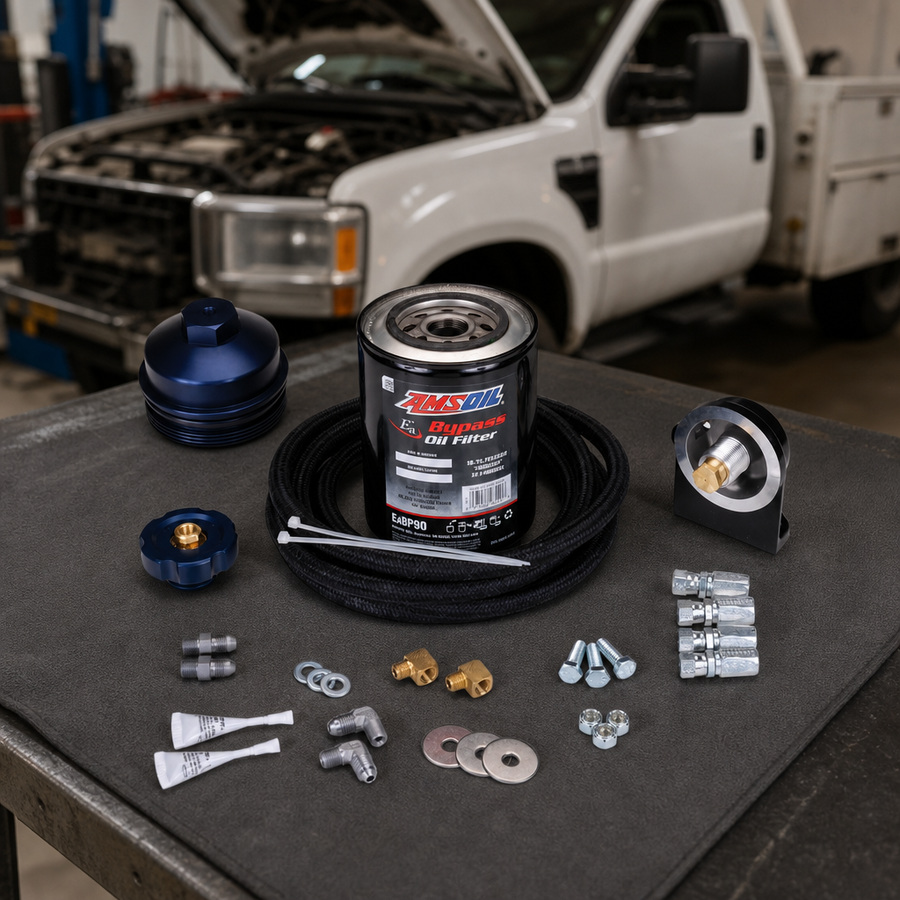 AMSOIL Ford 6.0/6.4L Single-Remote Bypass System staged in a truck maintenance garage