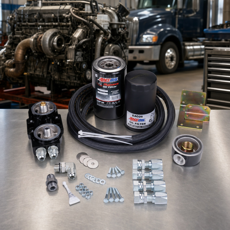 AMSOIL Ford 6.7L Dual-Remote Bypass System staged in a truck maintenance garage
