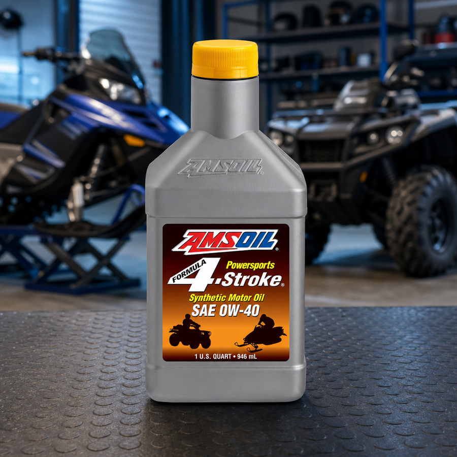 AMSOIL Formula 4-Stroke Powersports 0W-40 Synthetic Motor Oil staged in an outdoor power equipment shop