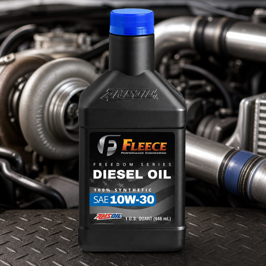 Freedom Series 10W-30 100% Synthetic Diesel Oil staged in a diesel truck shop