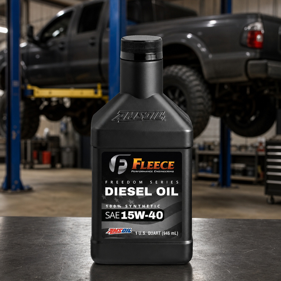 Freedom Series 15W-40 100% Synthetic Diesel Oil staged in a diesel truck shop