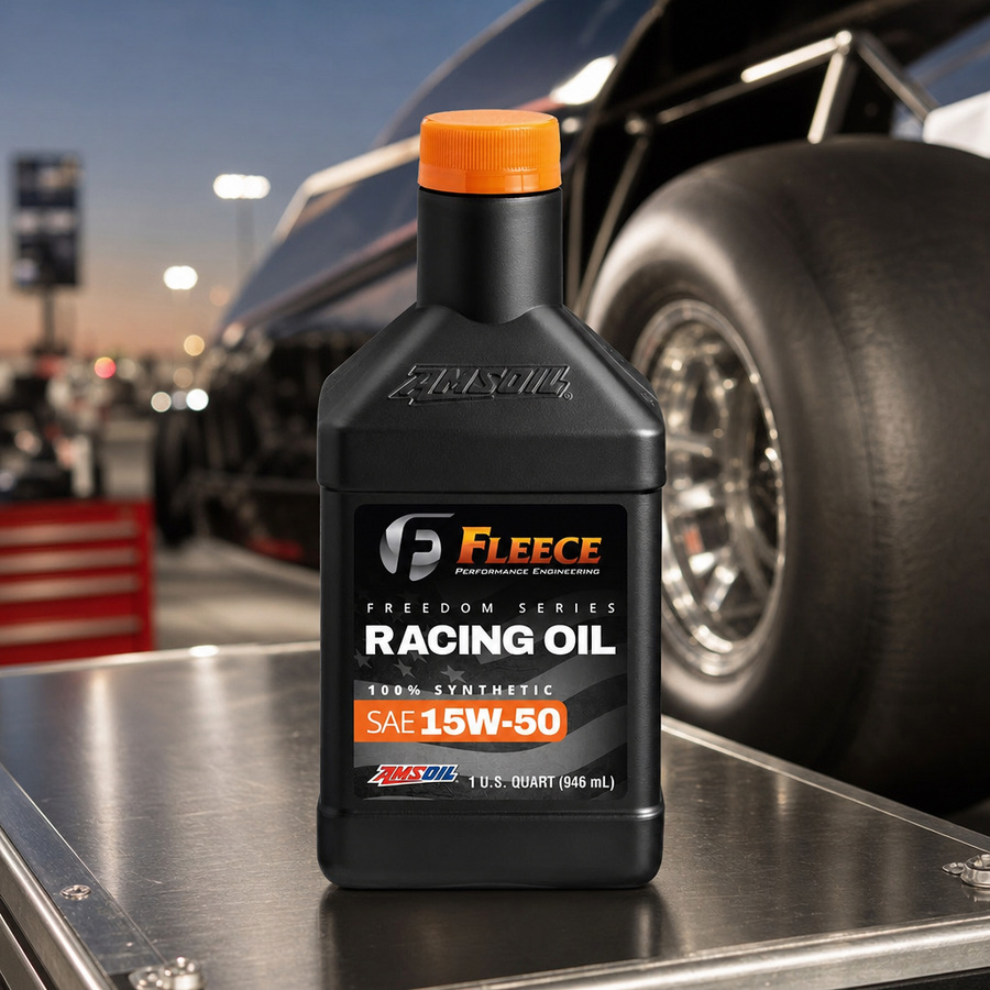 Freedom Series 15W-50 100% Synthetic Racing Oil staged in a performance race shop