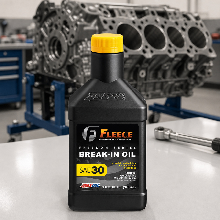 Freedom Series Break-In Oil staged in an automotive workshop