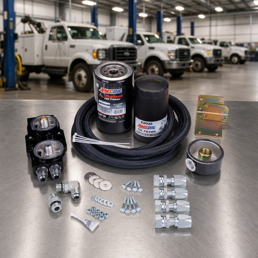 AMSOIL GM 6.6L Dual-Remote Bypass System staged in a truck maintenance garage