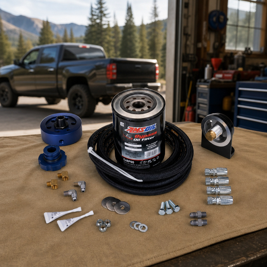 AMSOIL GM 6.6L Single-Remote Bypass System staged in a truck maintenance garage