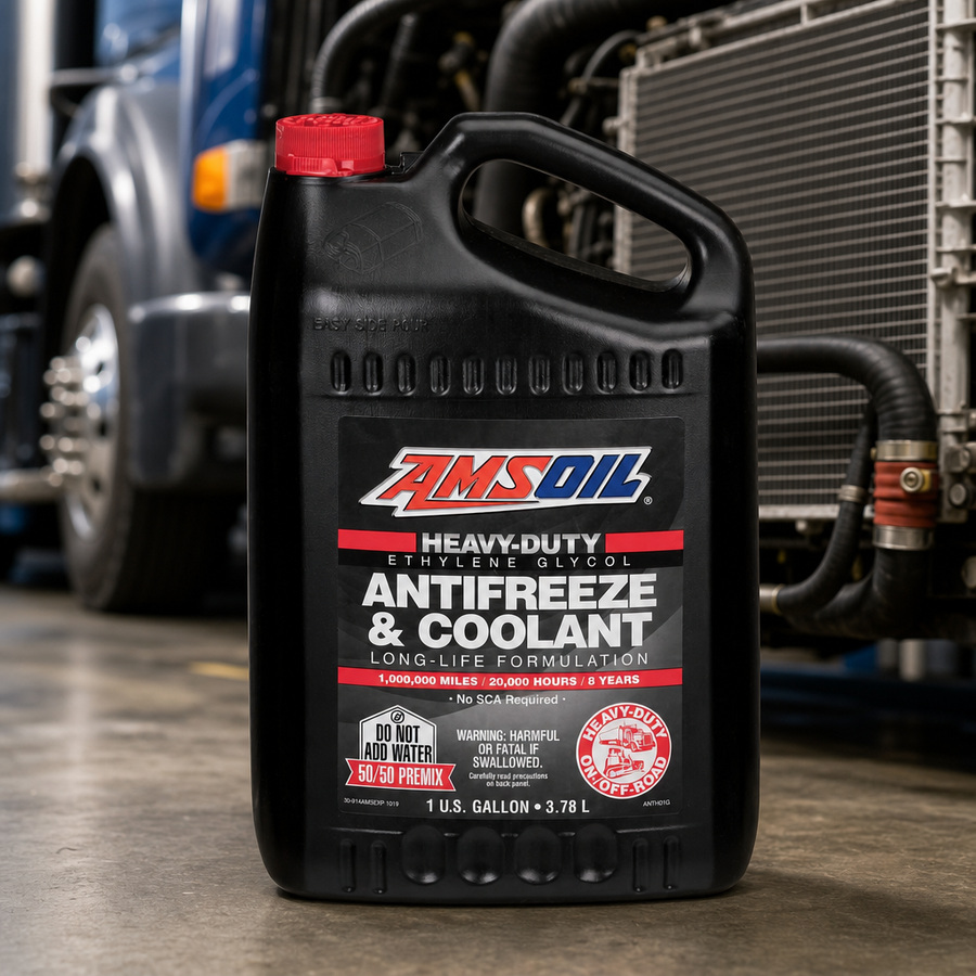 AMSOIL Heavy-Duty Antifreeze & Coolant staged in a radiator service bay