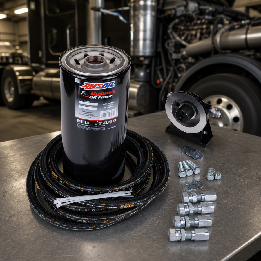 AMSOIL Heavy-Duty Bypass System staged in a truck maintenance garage