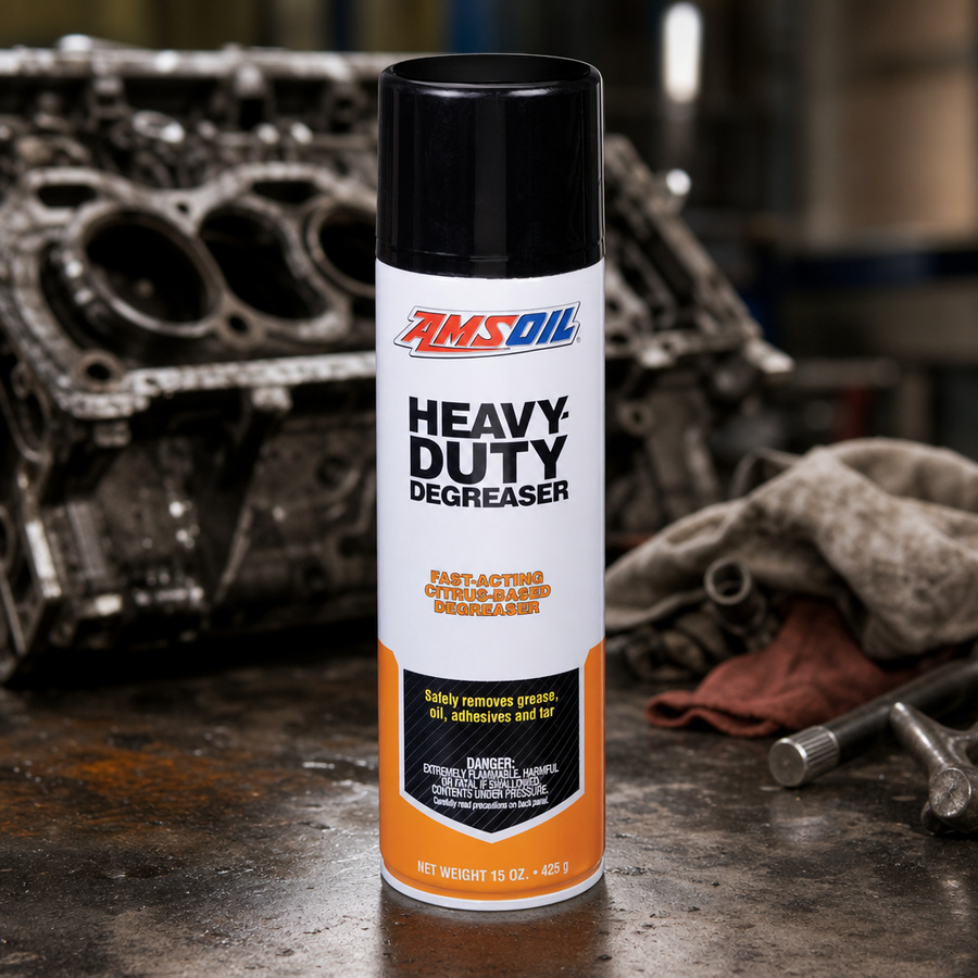AMSOIL Heavy-Duty Degreaser staged in an equipment maintenance shop