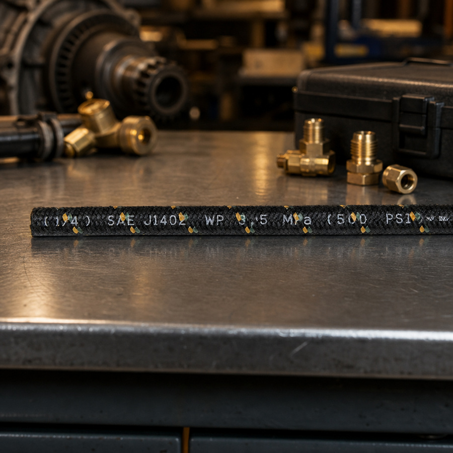 Hose, 1/4" Diam, 1 ft. Section staged in a fluid service parts bench