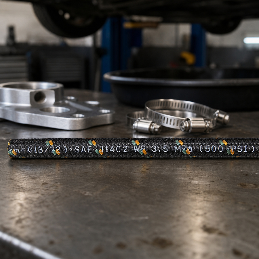 Hose, 13/32" Diam 1 ft Section staged in a fluid service parts bench