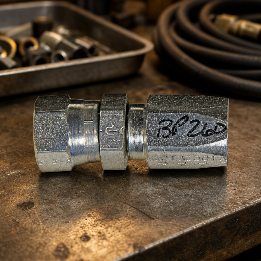Hose Fitting, 13/32" Diameter staged in a fluid service parts bench