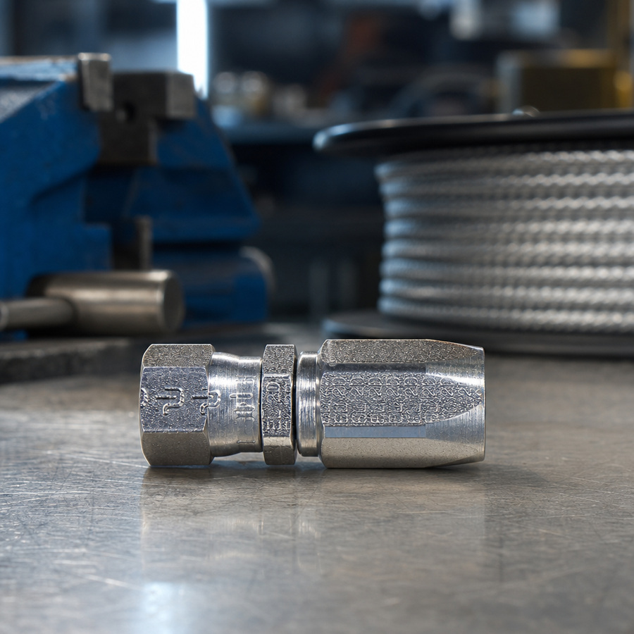 Hose Fittings, 1/4" Diameter staged in a fluid service parts bench