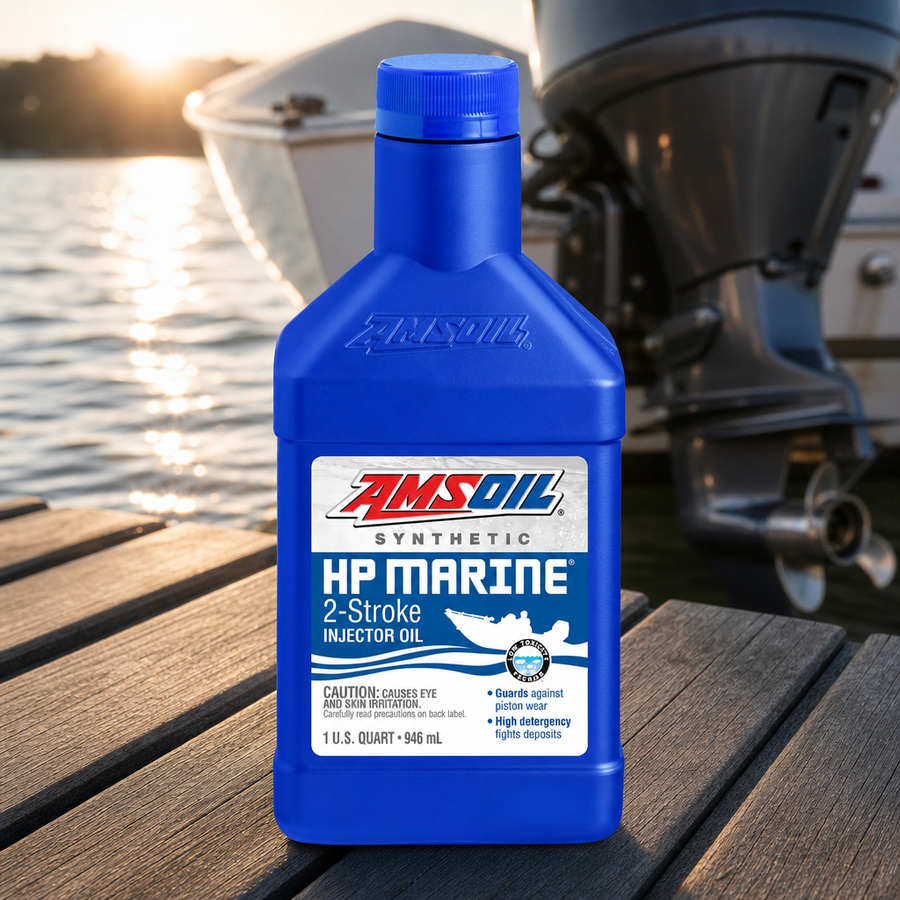 AMSOIL HP Marine 100% Synthetic 2-Stroke Oil staged in a marine and boat service setting