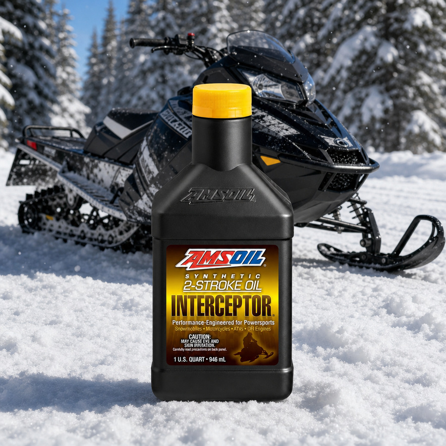 AMSOIL INTERCEPTOR 100% Synthetic 2-Stroke Oil with a snowmobile on a snowy forest trail