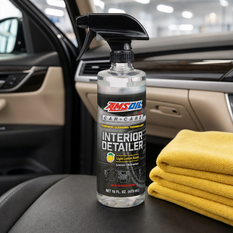 AMSOIL Interior Detailer - Light Lemon staged in a car detailing bay