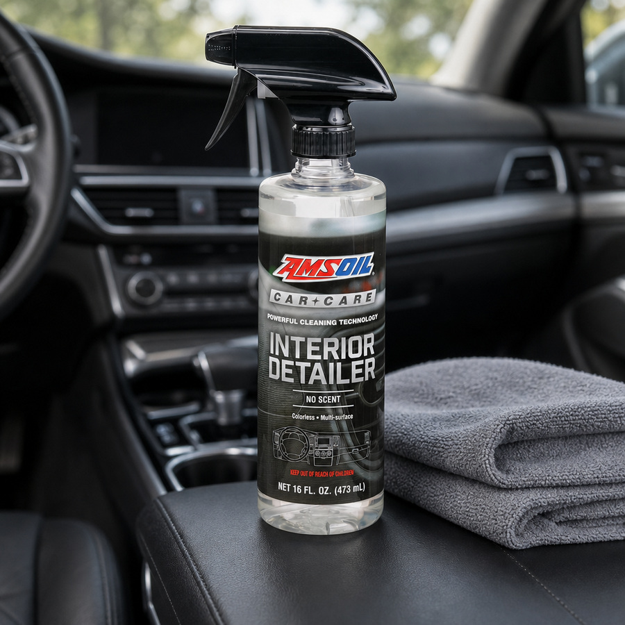 AMSOIL Interior Detailer - Scent Free staged in a car detailing bay