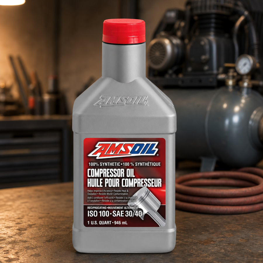 AMSOIL ISO 100 100% Synthetic Compressor Oil staged in an industrial compressor room
