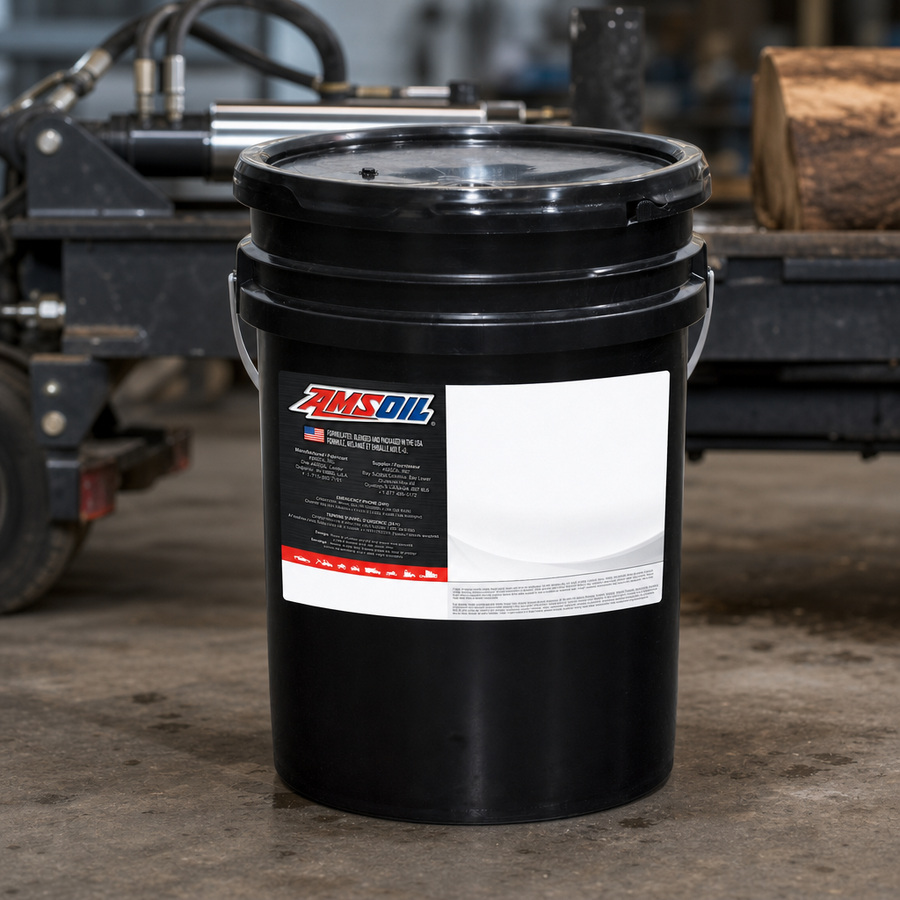 AMSOIL ISO 22 100% Synthetic Anti-Wear Hydraulic Oil staged in an industrial equipment maintenance floor