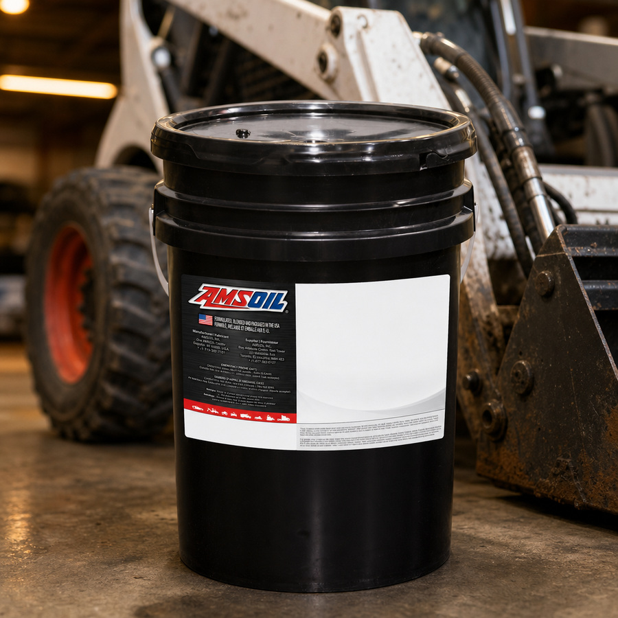 AMSOIL ISO 22 100% Synthetic Multi-Viscosity Hydraulic Oil staged in an industrial equipment maintenance floor