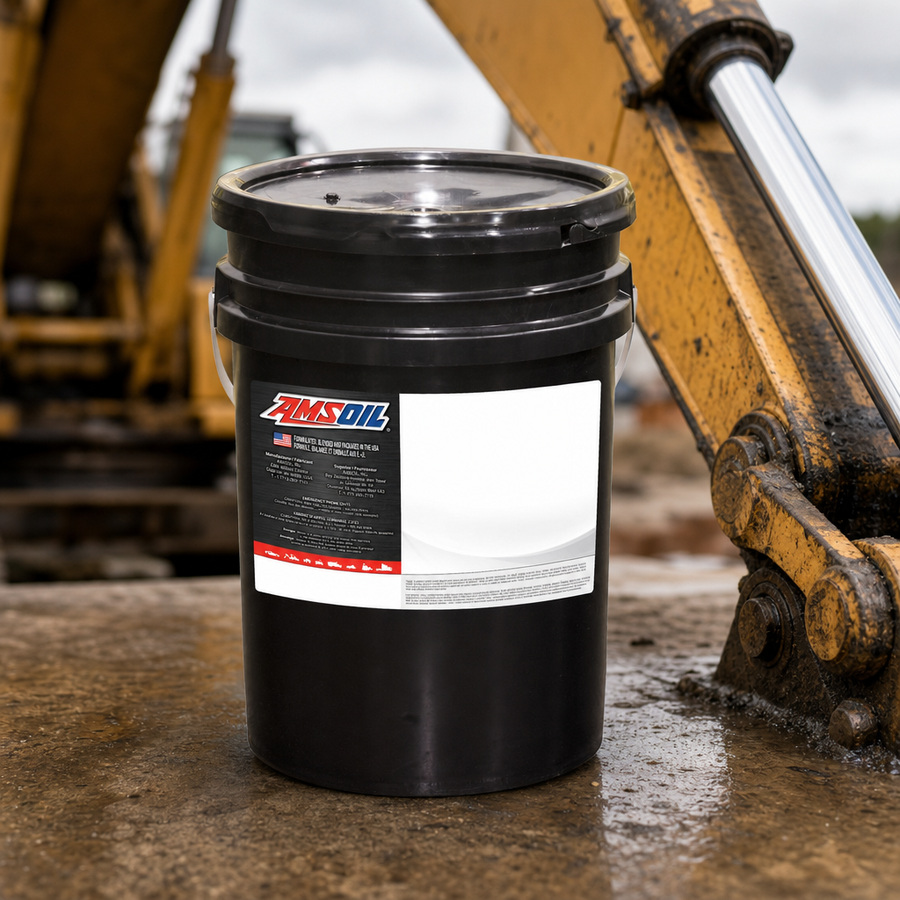 AMSOIL ISO 32 100% Synthetic Anti-Wear Hydraulic Oil staged in an industrial equipment maintenance floor