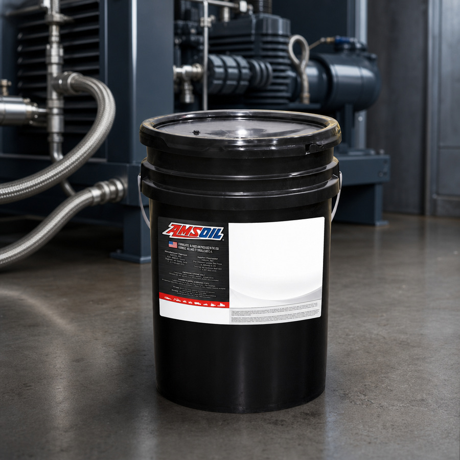 AMSOIL ISO 32 100% Synthetic Compressor Oil staged in an industrial compressor room