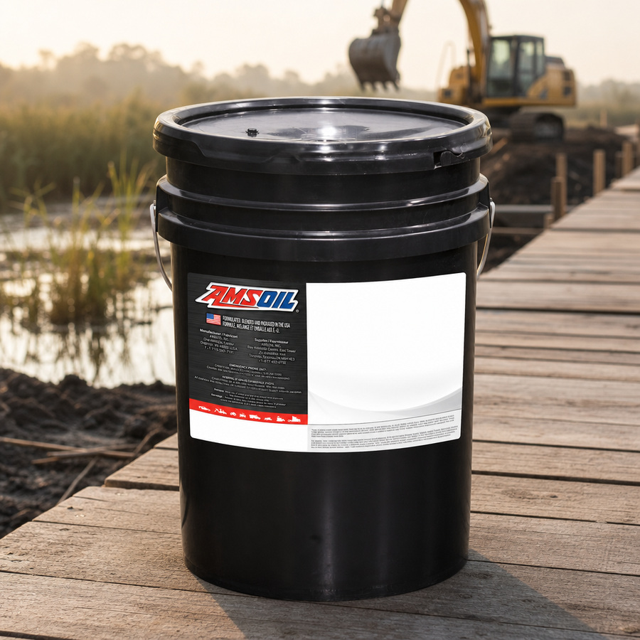 AMSOIL ISO 46 100% Synthetic Biodegradable Hydraulic Oil staged in an industrial equipment maintenance floor