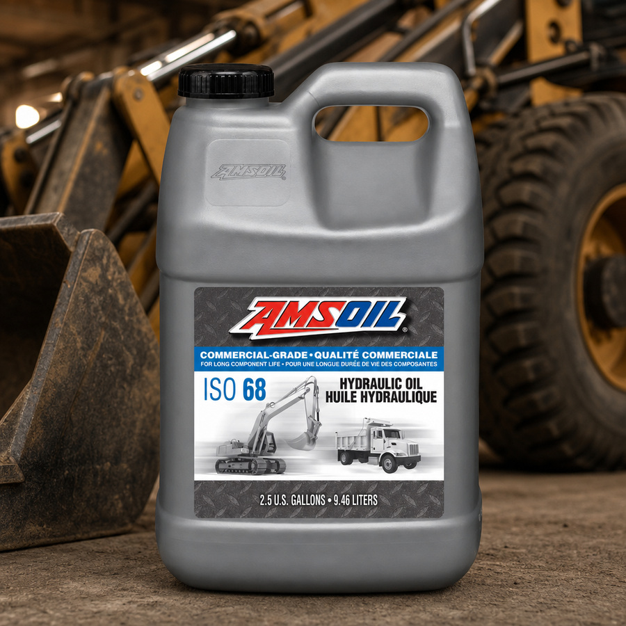 AMSOIL ISO 68 Commercial-Grade Hydraulic Oil staged in an industrial equipment maintenance floor