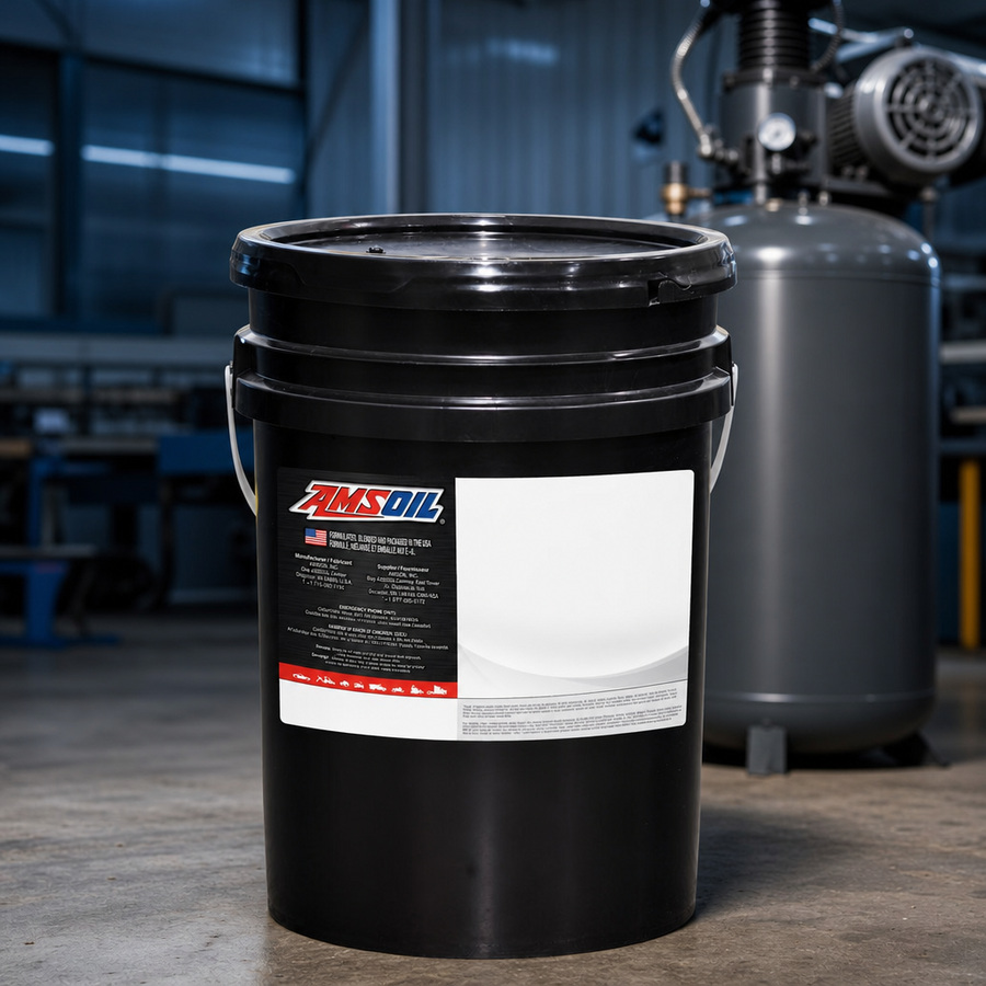 AMSOIL ISO 68 100% Synthetic Compressor Oil staged in an industrial compressor room