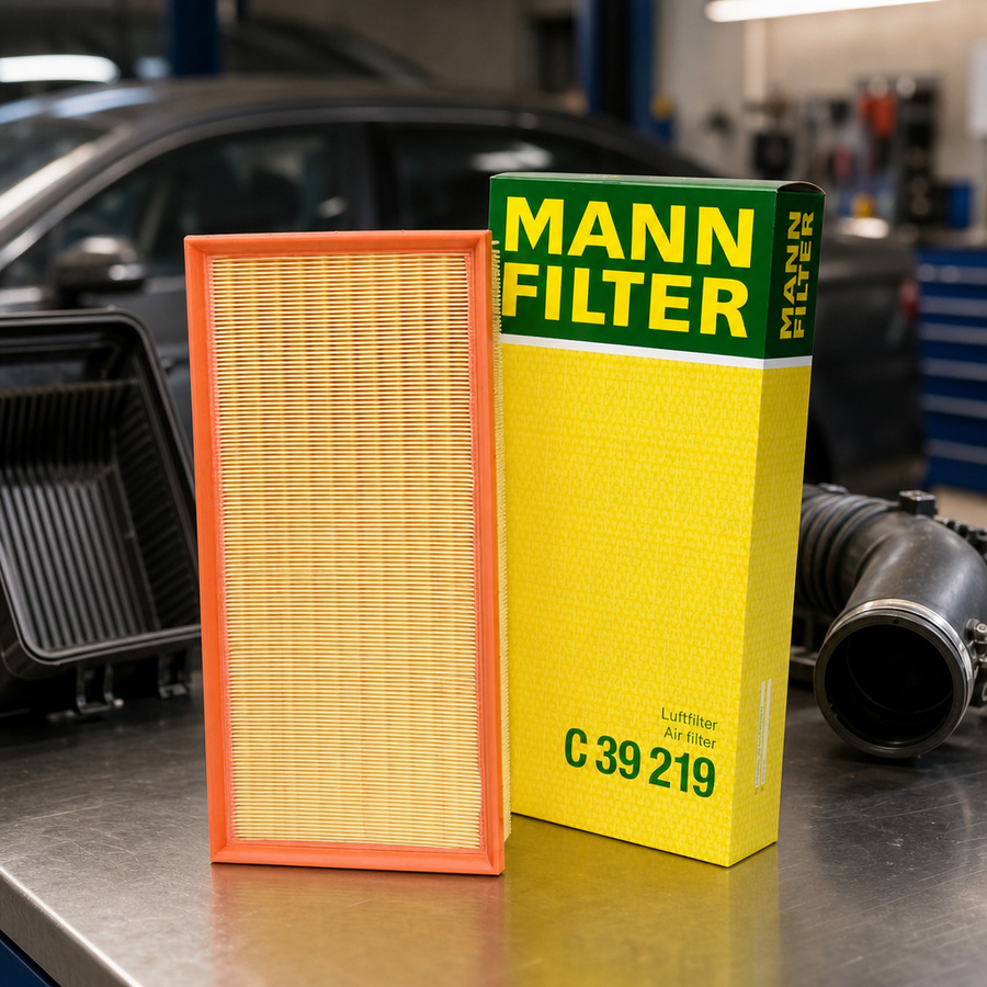MANN-FILTERS Air Filters staged in an automotive parts workbench