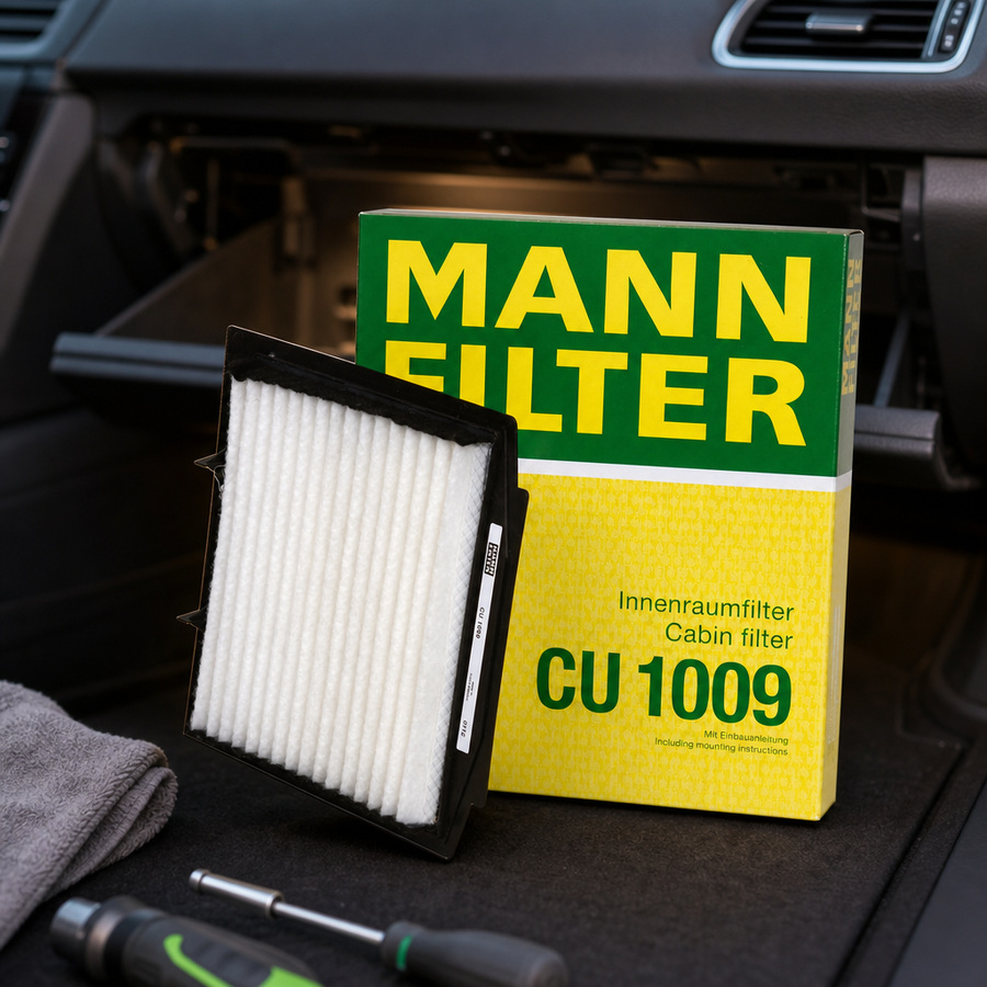 MANN-FILTERS Cabin Air Filters staged in an automotive parts workbench