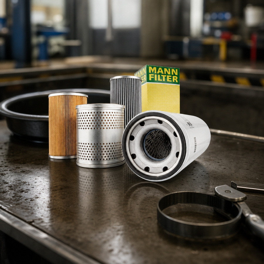 MANN-FILTERS Oil Filter staged in an automotive parts workbench