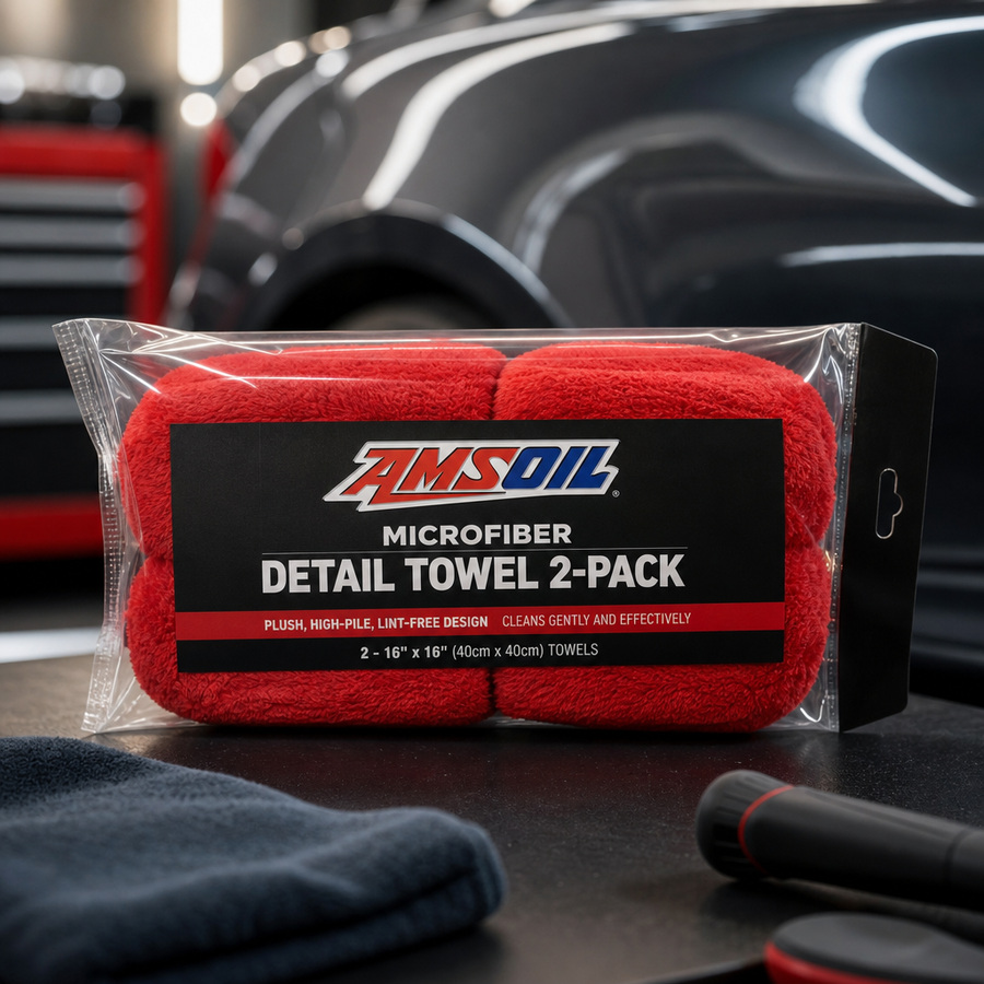 AMSOIL Microfiber Detail Towel 2-Pack staged in a car detailing bay