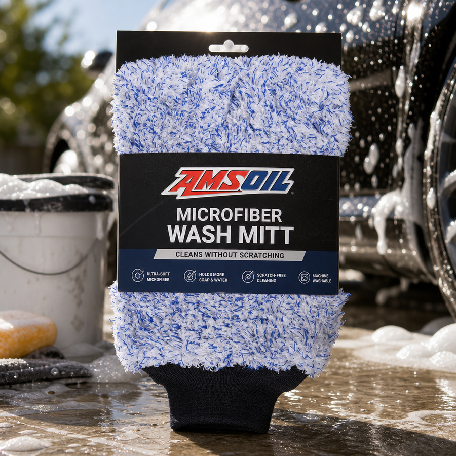 AMSOIL Microfiber Wash Mitt staged in a car detailing bay